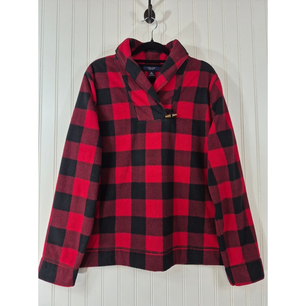 Chaps Womens XL Red Black Buffalo Plaid Fleece Shawl Collar Toggle Pullover Top